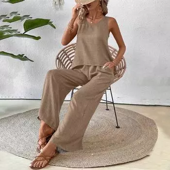 Женский комплект из двух предметов для отдыха, летний топ без рукавов с вырезом сзади и широкие брюки, повседневная одежда для отпуска и путешествий S синий