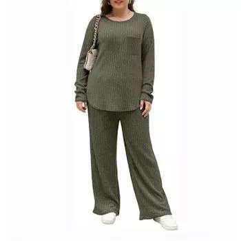Женский комплект из двух предметов домашней одежды большого размера, состоящий из топа с длинными рукавами и брюк 4XL армия зеленый