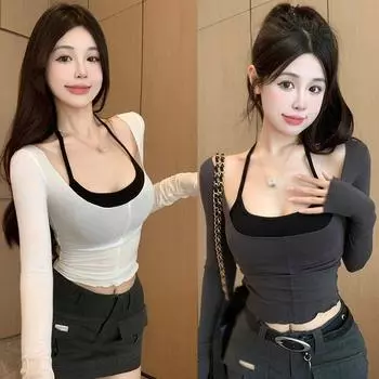 Женский комплект из двух предметов, футболки с U-образным воротником, майка, однотонная футболка с длинными рукавами, блузка для девочек, футболка