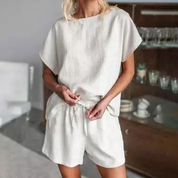 Женский комплект из двух предметов, хлопковый лен, летний комплект для отдыха, повседневный короткий костюм с круглым вырезом и талией на шнурке для домашней одежды M светло-синий