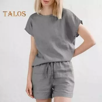 Женский комплект из двух предметов, хлопковый лен, летний комплект для отдыха, повседневный короткий костюм с круглым вырезом и талией на шнурке для домашней одежды M абрикосовый