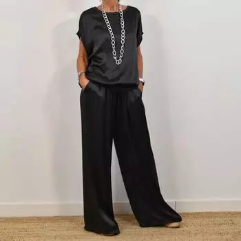 Женский комплект из двух предметов из атласного шелка, повседневный топ с круглым вырезом и короткими рукавами, широкие брюки, свободный наряд для дома на весну и лето S серый