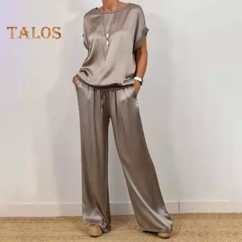 Женский комплект из двух предметов из атласного шелка, повседневный топ с круглым вырезом и короткими рукавами, широкие брюки, свободный наряд для дома на весну и лето S белый