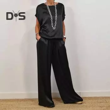 Женский комплект из двух предметов из атласного шелка, повседневный топ с круглым вырезом и короткими рукавами, широкие брюки, свободный наряд для дома на весну и лето S серый