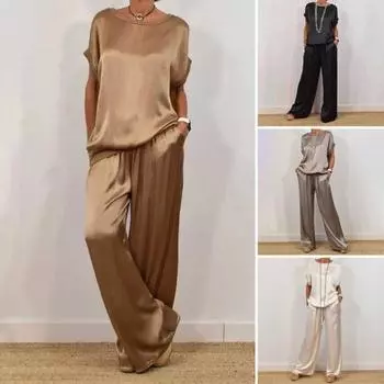 Женский комплект из двух предметов из атласного шелка, повседневный топ с круглым вырезом и короткими рукавами, широкие брюки, свободный наряд для дома на весну и лето S чёрный