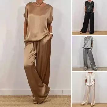 Женский комплект из двух предметов из атласного шелка, повседневный топ с круглым вырезом и короткими рукавами, широкие брюки, свободный наряд для дома на весну и лето L хаки