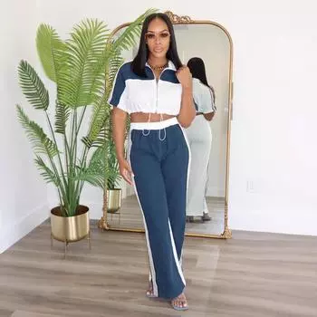 Женский комплект из двух предметов из джинсовой ткани с цветным воротником-стойкой и застежкой-молнией XXL белый