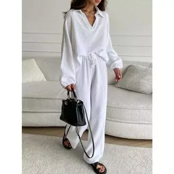 Женский комплект из двух предметов из хлопка и льна большого размера, спортивная одежда, брючный костюм, осенние блузки с длинными рукавами, белый, черный спортивный костюм S белый