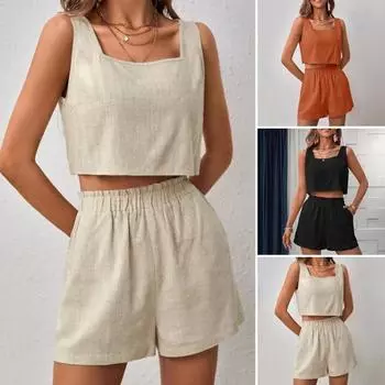 Женский комплект из двух предметов из хлопка и льна, укороченный топ без рукавов с открытой спиной и широкими шортами, летний повседневный наряд, подходящая домашняя одежда L оранжевый