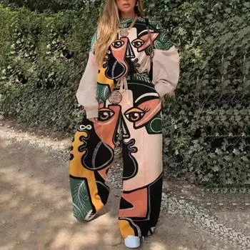 Женский комплект из двух предметов, комплект из топа и брюк с греческим принтом больших размеров, модная уличная одежда, свободный повседневный женский комплект с капюшоном на весну и осень S
