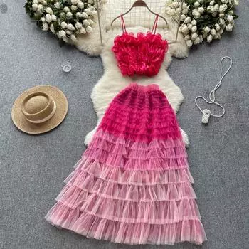 Женский комплект из двух предметов, летний пляжный трехмерный сетчатый жилет с цветочным принтом, топы на бретелях и длинные юбки, костюм, корейская одежда One Size