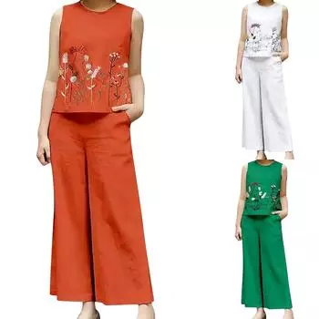 Женский комплект из двух предметов: майка без рукавов и широкие брюки с карманами L зелёный