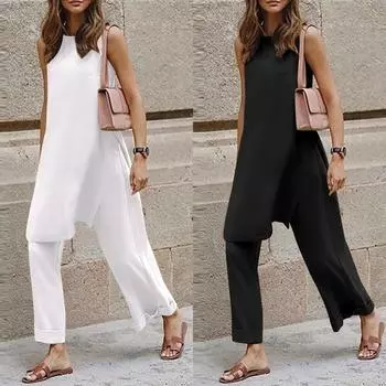 Женский комплект из двух предметов: майка без рукавов и широкие брюки, летние женские размеры больших размеров S белый