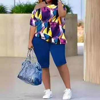 Женский комплект из двух предметов, наряд из топа и шорт с принтом ярких цветов и косым вырезом, модный летний повседневный женский костюм XXXL
