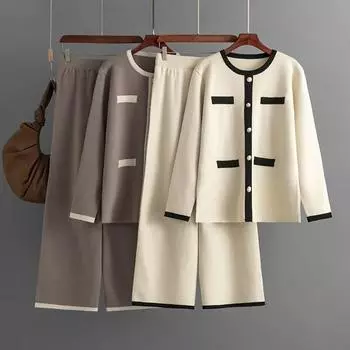 Женский комплект из двух предметов, новинка 2024 года, зимний вязаный пуловер, свободные комплекты с широкими брюками, однотонные комплекты свитеров, осенняя женская одежда One Size бежевый