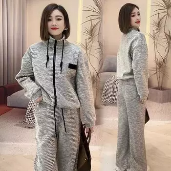 Женский комплект из двух предметов: однослойная повседневная толстовка на молнии, кардиган + брюки 3XL серый