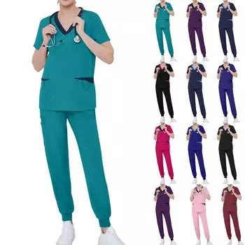 Женский комплект из двух предметов, однотонный топ с короткими рукавами и карманами, рабочая одежда, комплект из двух предметов L чёрный