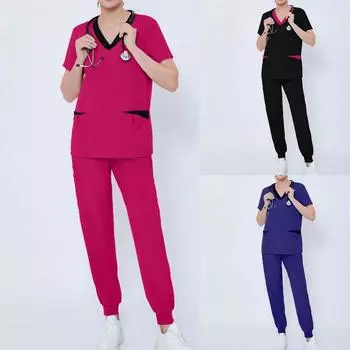 Женский комплект из двух предметов, однотонный топ с короткими рукавами и карманами, рабочая одежда, комплект из двух предметов L чёрный