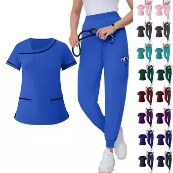 Женский комплект из двух предметов, однотонный топ с короткими рукавами и карманами, рабочая одежда, комплект из двух предметов L синий
