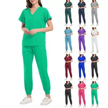 Женский комплект из двух предметов, однотонный топ с короткими рукавами и карманами, рабочая одежда, комплект из двух предметов L чёрный