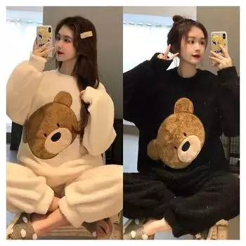 Женский комплект из двух предметов осень-зима, теплая фланелевая домашняя одежда, утолщенные брюки, пижама с длинными рукавами, коралловый с круглым вырезом, свободный, милый мультяшный onesize(40-72kg) белый