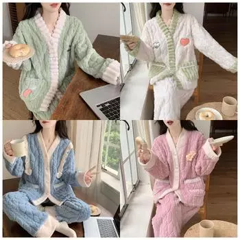 Женский комплект из двух предметов осень-зима, теплая фланелевая домашняя одежда, утолщенные брюки, пижама с длинными рукавами, коралловый бархат, V-образный вырез, пуговица L белый