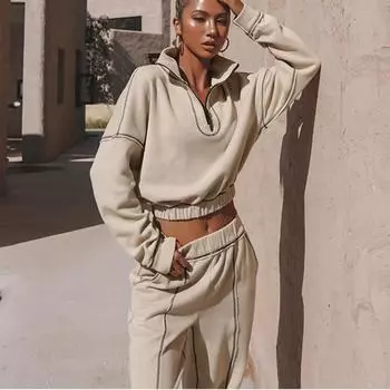 Женский комплект из двух предметов, осенне-зимний женский спортивный теплый костюм, повседневные толстовки-поло на молнии и брюки для бега, спортивные костюмы S серый