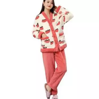 Женский комплект из двух предметов: осенне-зимний, утепленный, с V-образным вырезом, с простым рисунком, с длинными рукавами и свободными теплыми брюками XXS