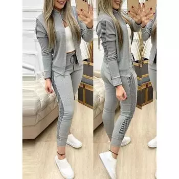 Женский комплект из двух предметов, осенний женский спортивный костюм, топ на молнии, брюки, повседневный спортивный костюм, женский комплект из 2 предметов XS чёрный