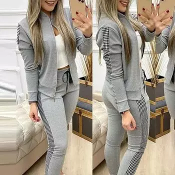 Женский комплект из двух предметов, осенний женский спортивный костюм, топ на молнии, брюки, повседневный спортивный костюм, зимний женский комплект из двух предметов S чёрный