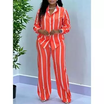 Женский комплект из двух предметов: повседневная рубашка с длинными рукавами и широкими брюками в полоску S чёрный