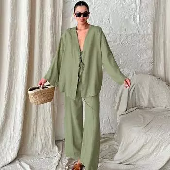 Женский комплект из двух предметов, повседневный, со шнуровкой, бантом и V-образным вырезом, женская рубашка, костюмы с широкими брюками, весенние женские наряды L зелёный