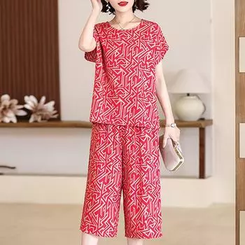 Женский комплект из двух предметов размера плюс, летние свободные элегантные комплекты со штанами с высокой талией, женский повседневный винтажный костюм с принтом большого размера XL