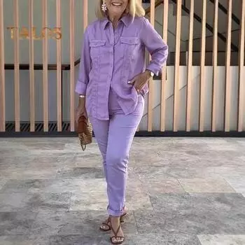 Женский комплект из двух предметов: рубашка с длинными рукавами и лацканами, брюки-карандаш, повседневный комплект для отдыха на весну и лето S розовый