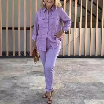 Женский комплект из двух предметов: рубашка с длинными рукавами и лацканами, брюки-карандаш, повседневный комплект для отдыха на весну и лето S жёлтый