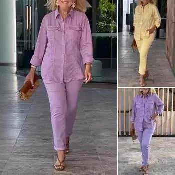 Женский комплект из двух предметов: рубашка с длинными рукавами и лацканами, брюки-карандаш, повседневный комплект для отдыха на весну и лето S жёлтый