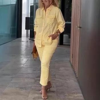 Женский комплект из двух предметов: рубашка с длинными рукавами и лацканами, брюки-карандаш, повседневный комплект для отдыха на весну и лето S жёлтый