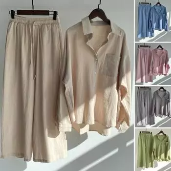 Женский комплект из двух предметов: рубашка с длинным рукавом и застегнутая на пуговицы рубашка с широкими брюками повседневный хлопковый домашний костюм на весну и лето 2XL синий