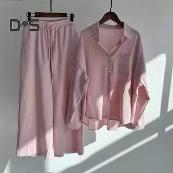 Женский комплект из двух предметов: рубашка с длинным рукавом и застегнутая на пуговицы рубашка с широкими брюками повседневный хлопковый домашний костюм на весну и лето 2XL хаки