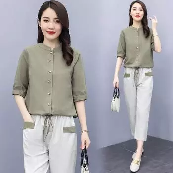 Женский комплект из двух предметов: рубашки с пуговицами на тонкую подкладку, весна-лето-осень, мягкие и удобные + повседневные широкие брюки больших размеров 3XL