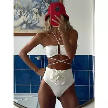 Женский комплект из двух предметов с цветочным принтом на шнуровке 2023, бюстгальтер с пуш-ап, белый комплект бикини, купальник, купальный костюм, пляжная одежда, бикини S чёрный