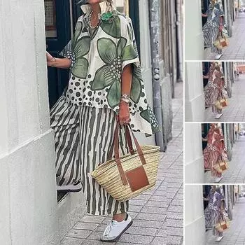 Женский комплект из двух предметов с цветочным принтом, свободный топ с коротким рукавом и широкими брюками, летний повседневный уличный стиль в стиле бохо S красный