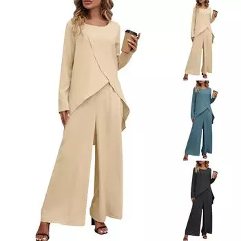 Женский комплект из двух предметов с длинным рукавом, неровным подолом и эластичной резинкой на талии, широкие брюки L чёрный