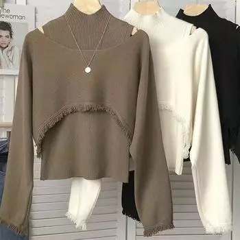 Женский комплект из двух предметов с длинными рукавами с необработанными краями и вязаным свитером с полуводолазкой One size верблюд