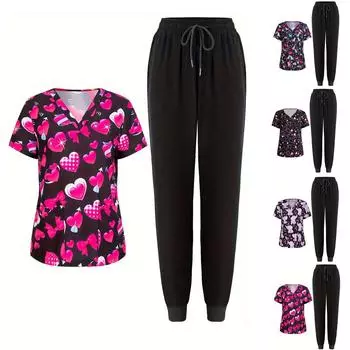 Женский комплект из двух предметов с короткими рукавами, принтом из мультфильмов, V-образным вырезом и карманами L чёрный