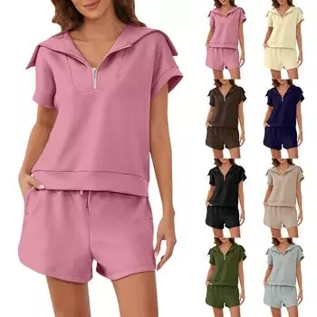 Женский комплект из двух предметов с лацканами на молнии до половины, спортивной рубашкой с короткими рукавами, шортами с высокой талией, спортивным комплектом L