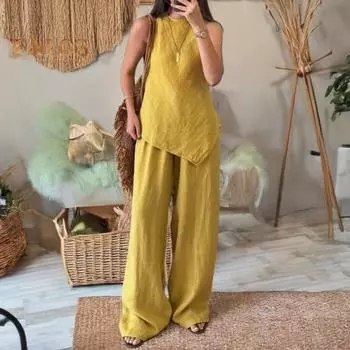 Женский комплект из двух предметов с неровным подолом, безрукавка, топ с круглым вырезом, широкие брюки, летний повседневный спортивный костюм S жёлтый
