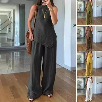 Женский комплект из двух предметов с неровным подолом, безрукавка, топ с круглым вырезом, широкие брюки, летний повседневный спортивный костюм S кофейный