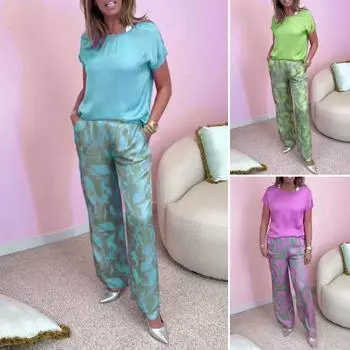 Женский комплект из двух предметов с принтом «бохо» и повседневным круглым вырезом с короткими рукавами M светло-синий