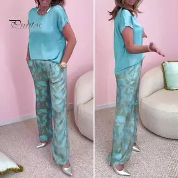 Женский комплект из двух предметов с принтом «бохо», повседневный топ с круглым вырезом и короткими рукавами, широкие брюки, летний комплект для дома M зелёный